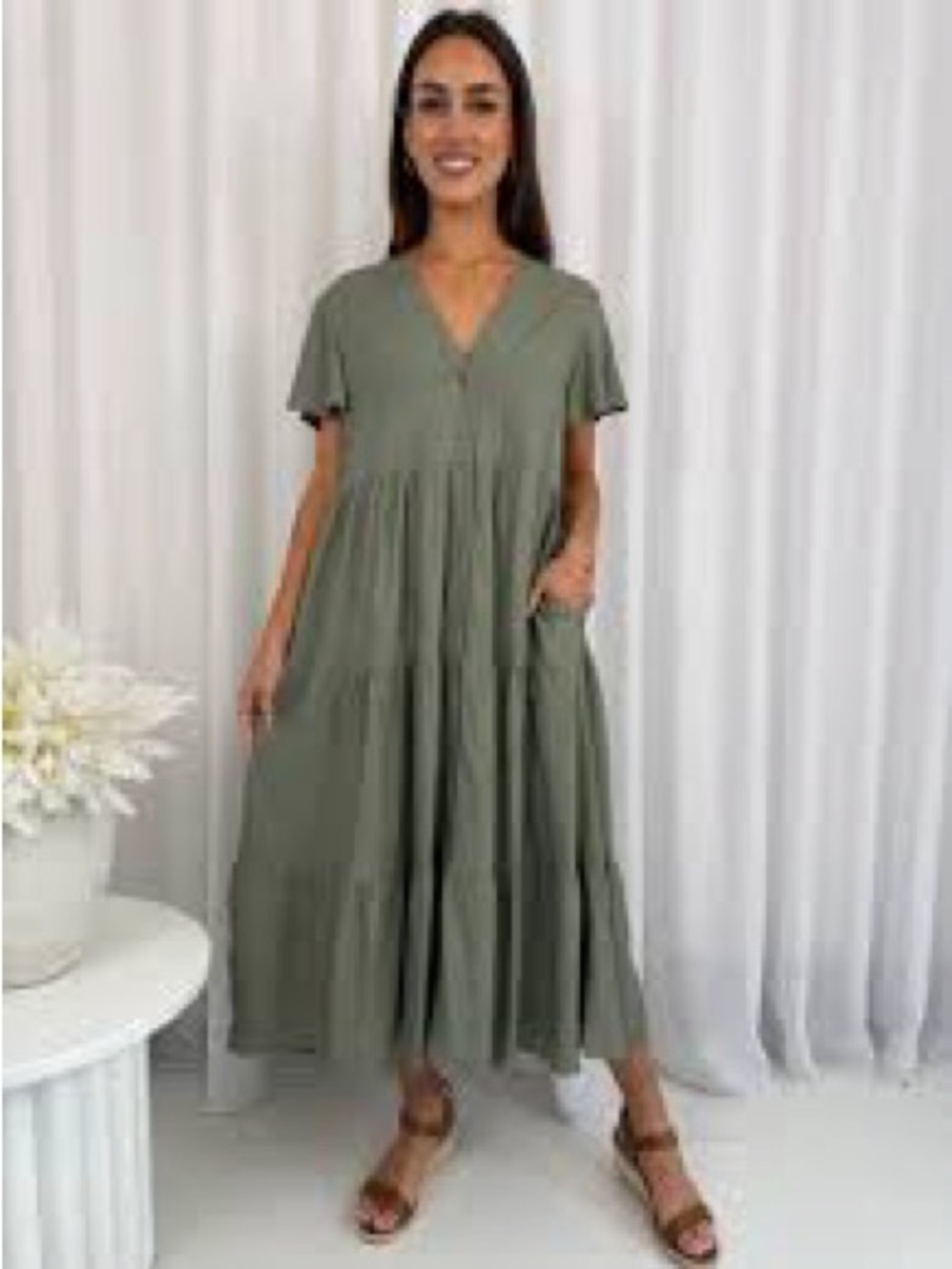 Flowy Olive V-Neck Tiered Maxi Dress with Pockets